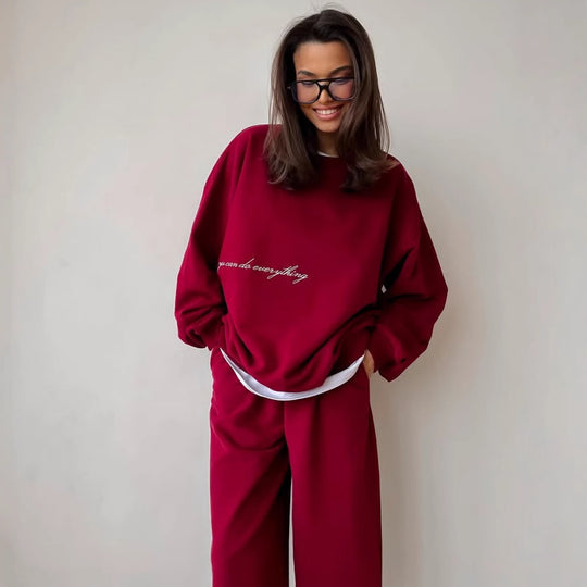 Damen Oversized Sweatshirt und hochgeschnittene Jogginghose Loungewear-Set aus weichem Baumwollfleece mit elastischem Bund EB