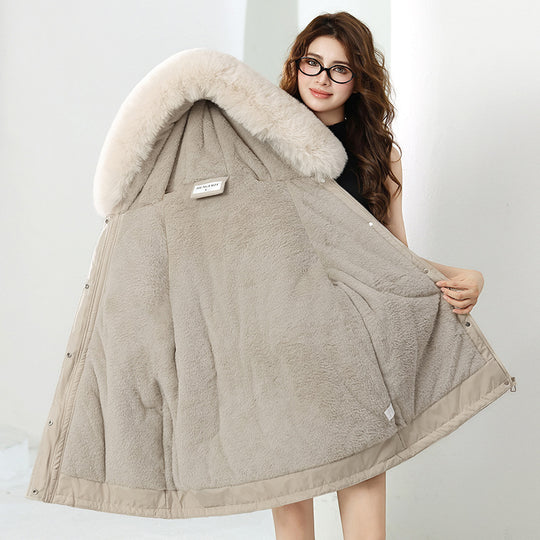 Damen Modische Winterjacke mit abnehmbarer Kapuze und hochwertigem Kunstfell EB