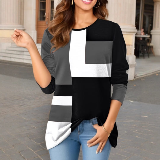 Damen nan geometrisches Colorblock Longsleeve-Tunika-Oberteil mit Rundhalsausschnitt und asymmetrischem Saum EB