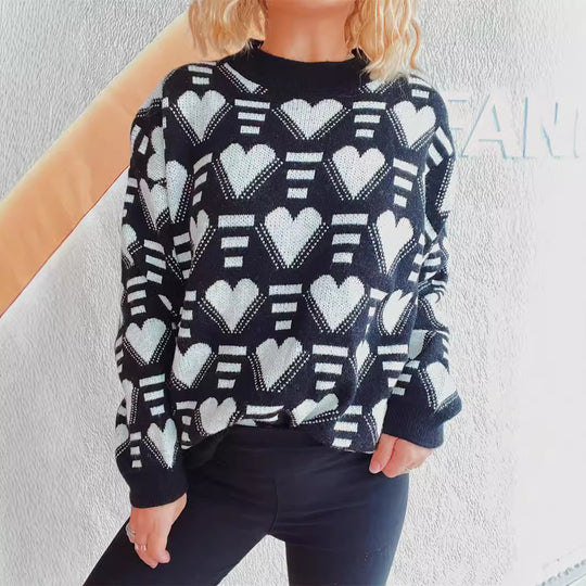 Damen gestrickter Pullover im modernen Herzdesign mit weitem Schnitt EB