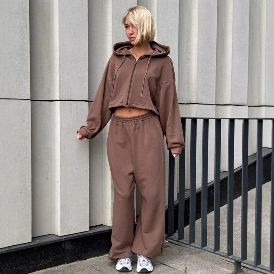 Damen Kurzes Zip-Kapuzenjacke und High‑Waist Loungehose Set EB