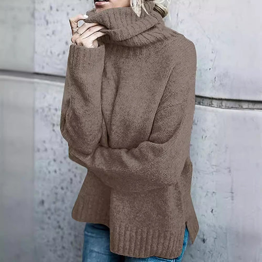 Damen Grobstrickpullover mit hohem Kragen und lässigem Schnitt EB