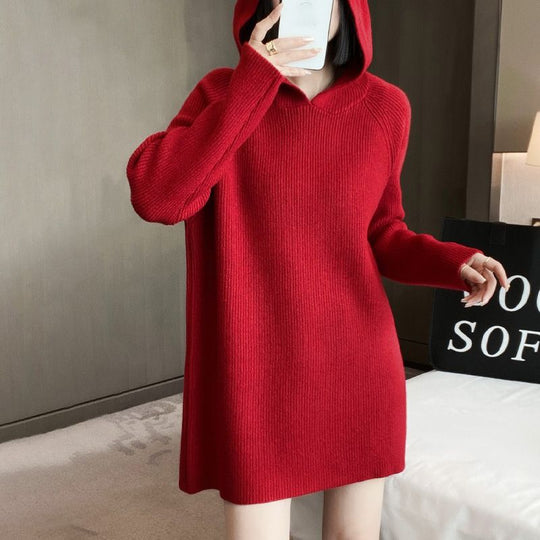 Damen Pulloverkleid mit Kapuze und Rippstruktur EB