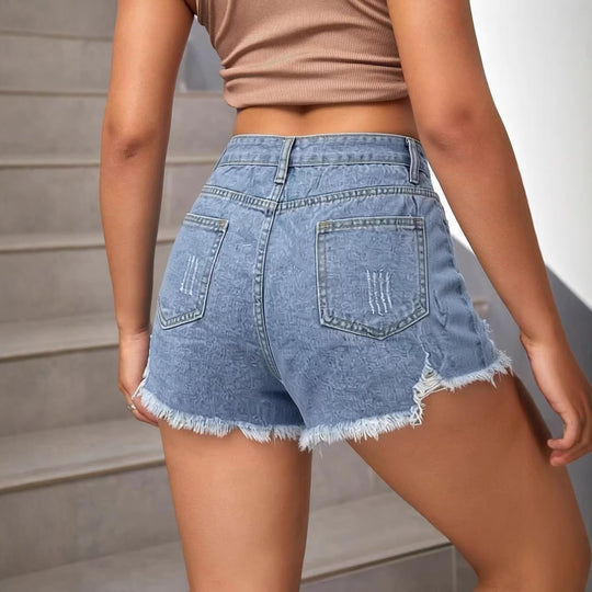 Damen modische Destroyed Denim-Shorts mit fransigem Saum EB