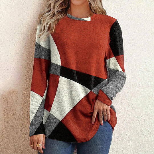Damen nan Langarmshirt mit grafischem Print, Rundhalsausschnitt und geschwungenem Saum EB