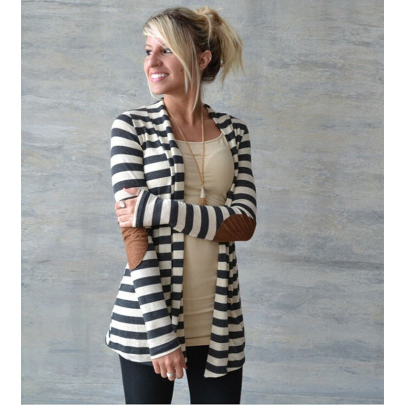 Damen Gestreifter Longcardigan mit offenem Waterfall-Schnitt und Ellbogen-Patches EB