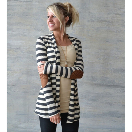 Damen Gestreifter Longcardigan mit offenem Waterfall-Schnitt und Ellbogen-Patches EB