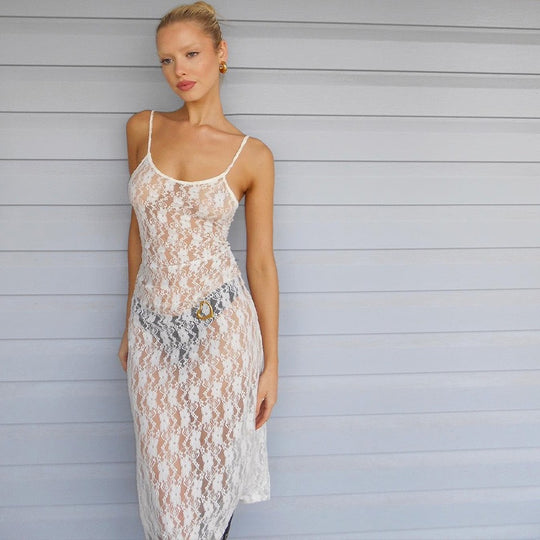 Damen Spitzen-Maxikleid mit schmalen Trägern und eleganter Silhouette EB