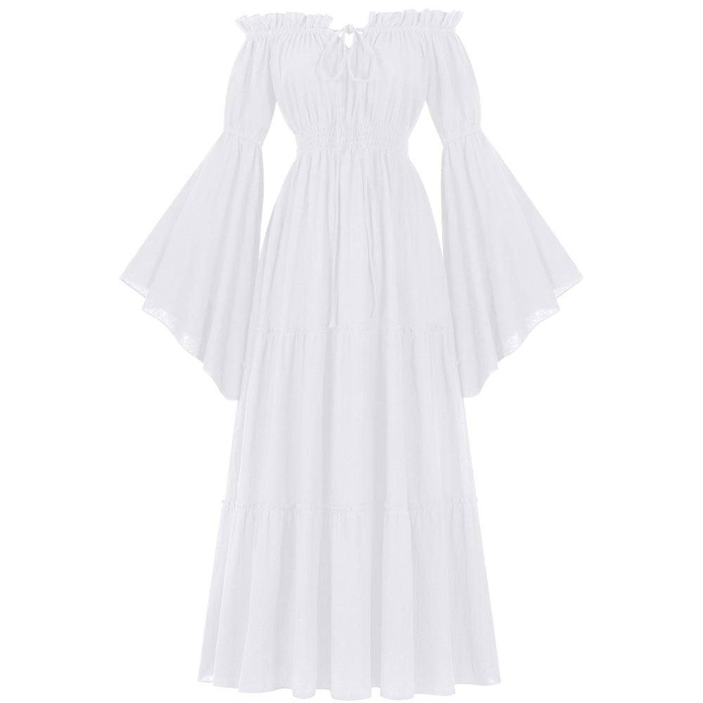 Damen nan bodenlanges Off-Shoulder Maxikleid mit geraffter Taille, mehrstufigem Rock und weiten Trompetenärmeln Eb