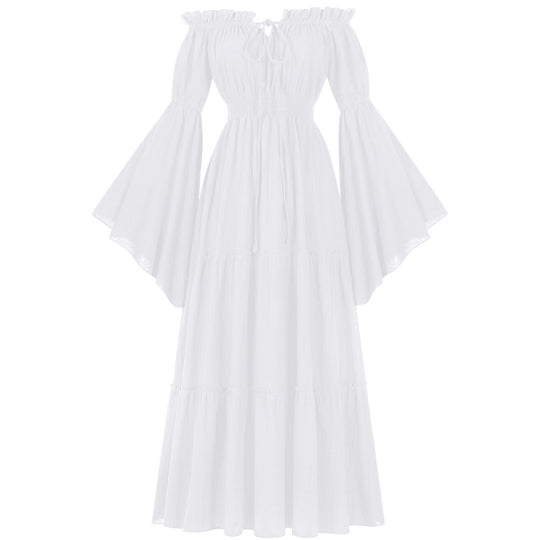 Damen nan bodenlanges Off-Shoulder Maxikleid mit geraffter Taille, mehrstufigem Rock und weiten Trompetenärmeln Eb