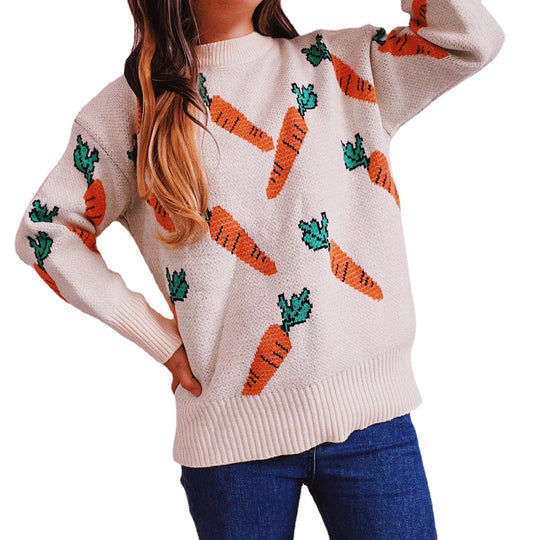 Damen lässiger Pullover mit buntem Karottenmotiv EB