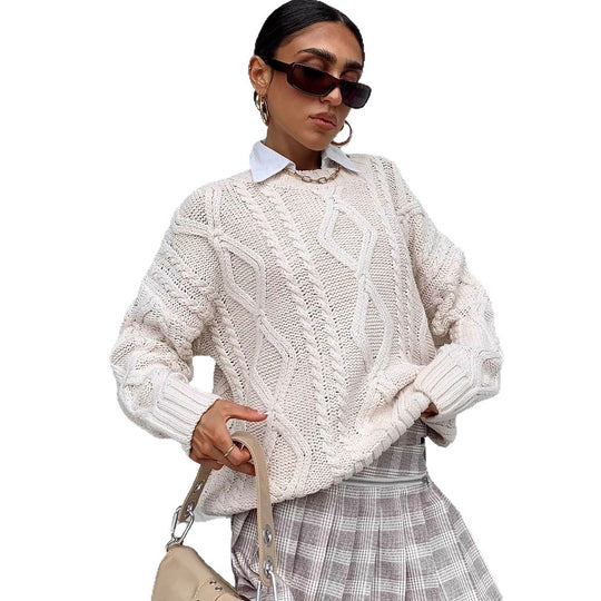 Damen Grobstrickpullover mit voluminösen Ärmeln und klassischem Zopfmuster EB