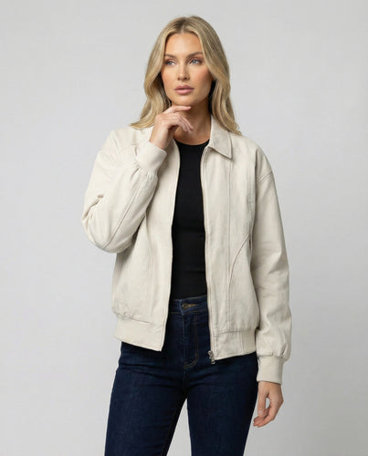 Damen leichte Blousonjacke aus Baumwollmix mit Hemdkragen, Ziernähten und elastischem Bund EB