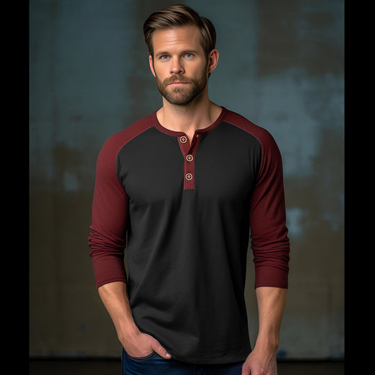 Herren Langarm-Henley-Shirt mit kontrastierenden Ärmel und modischem Knopfdesign EB