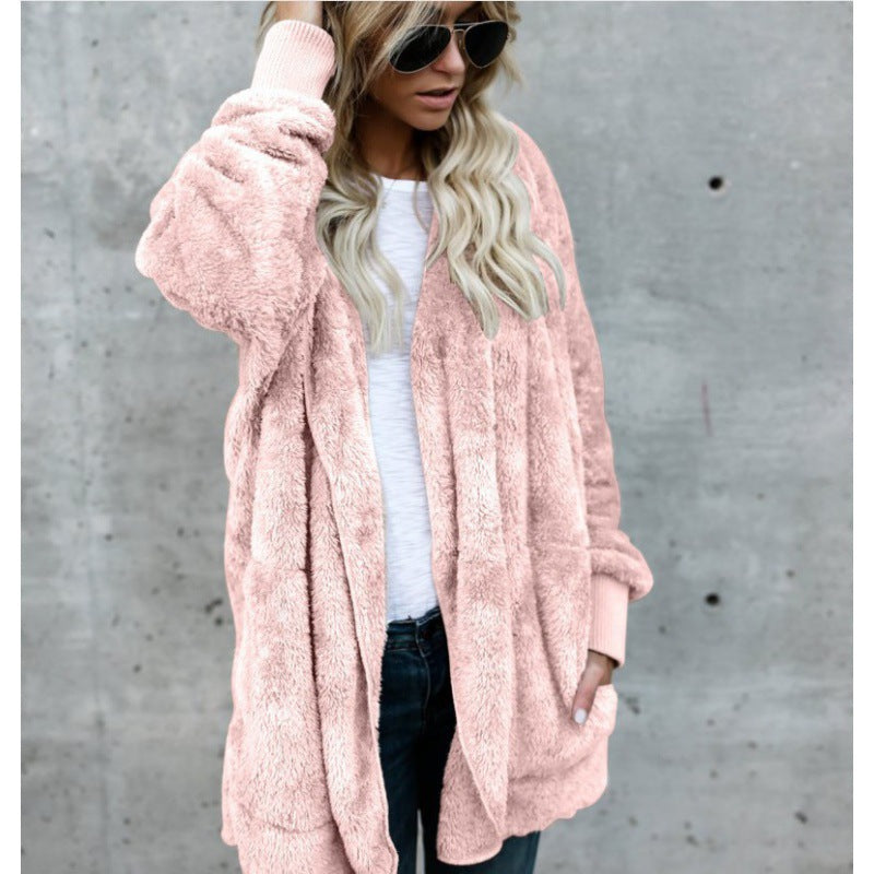Damen Oversize Teddy‑Fleece‑Mantel mit offener Front, Eingrifftaschen und Rippbündchen EB