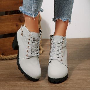 Damen nan knöchelhohe Schnür-Stiefelette mit seitlichem Reißverschluss, dekorativer Gürtelschlaufe, mittelhohem Blockabsatz und profilstarker Laufsohle EB