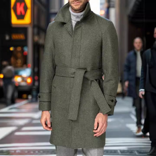 Herren modischer Wolltrenchcoat mit Bindegürtel und großen Taschen EB