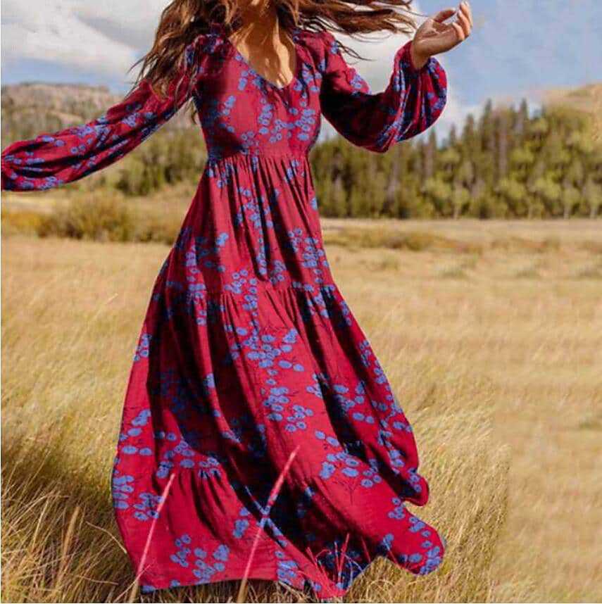 Damen Boho-Langarmkleid mit floralen Akzenten und schwingendem Saum EB