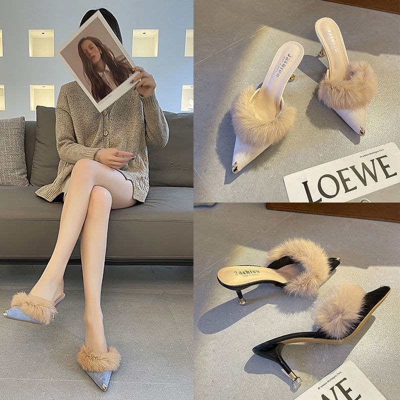Damen Mules mit eleganten Pelzverzierungen und modischem Absatz EB
