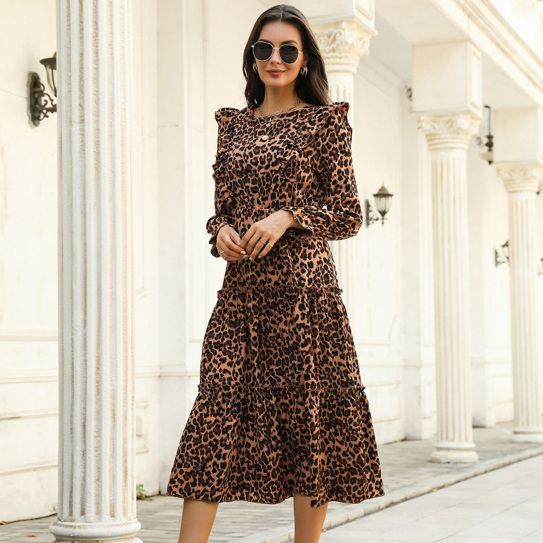 Damen Maxikleid mit raffinierten Rüschendetails und modischem Tiermuster EB