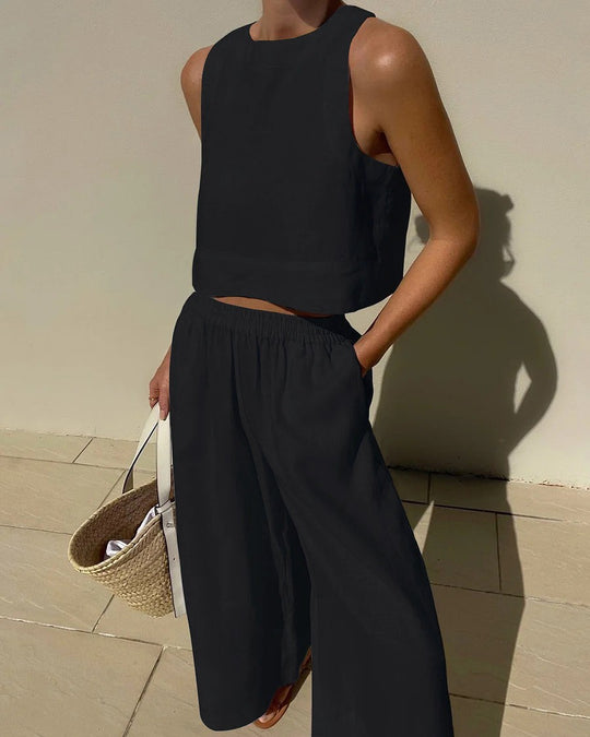 Damen luftiges Leinenoberteil mit weiter Hose EB
