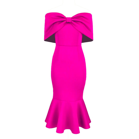 Damen figurbetontes Kleid mit schulterfreiem Design und voluminösem Schleifenakzent EB