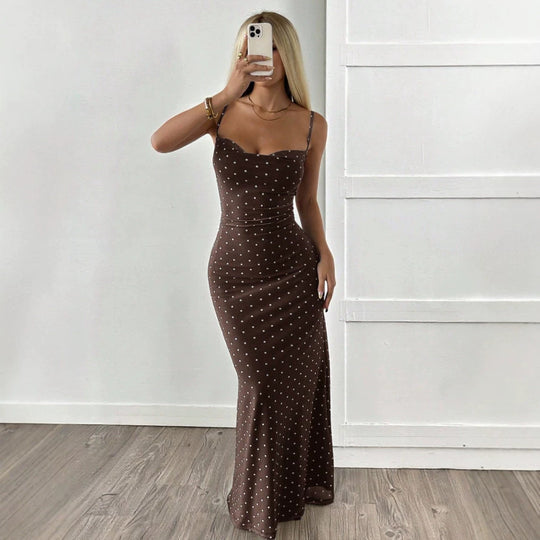 Damen Figurbetontes Maxikleid mit Polkadots und trägerlosem Design EB