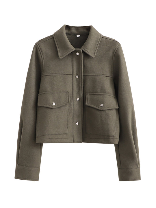 Damen Kurz geschnittene Wolloptik-Jacke mit Pattentaschen und Druckknöpfen EB