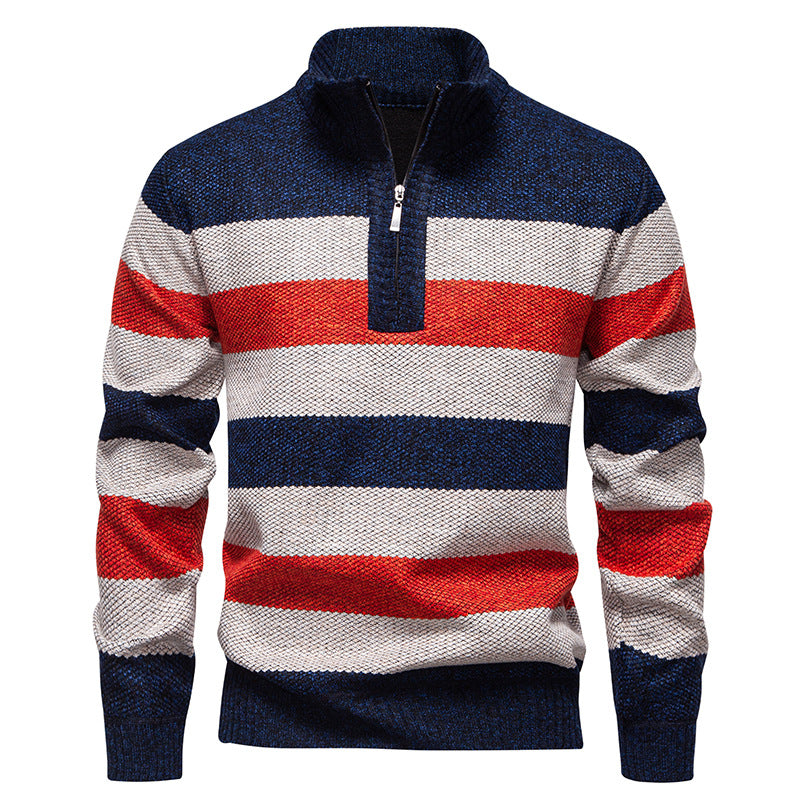 Herren modischer Strickpullover mit halbhohem Kragen und kontrastierenden Streifen EB