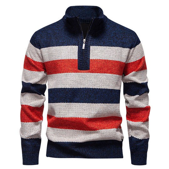 Herren modischer Strickpullover mit halbhohem Kragen und kontrastierenden Streifen EB