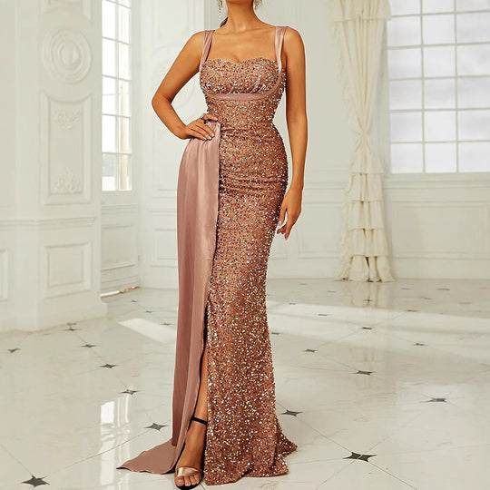 Damen Glamouröses Abendkleid mit schimmernden Pailletten und elegantem Schlitz EB