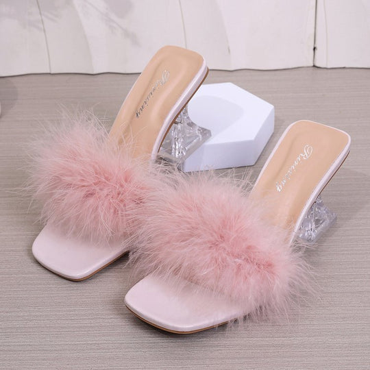 Damen transparente Mules mit flauschigem Flausche-Akzent EB