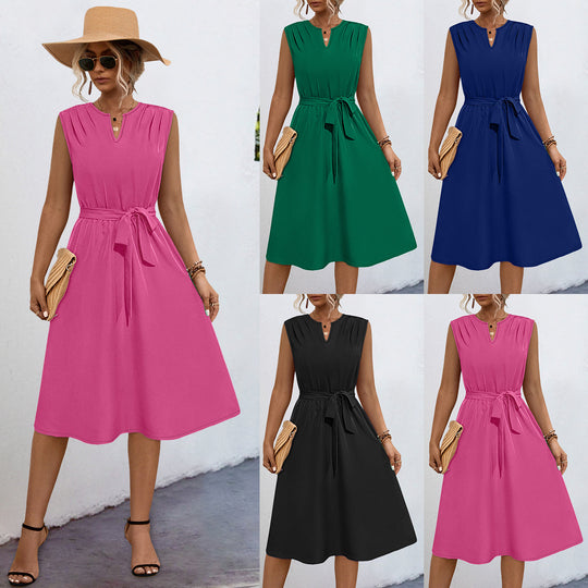 Damen Midi-Kleid mit elegantem Taillengürtel und modischem Faltenrock EB