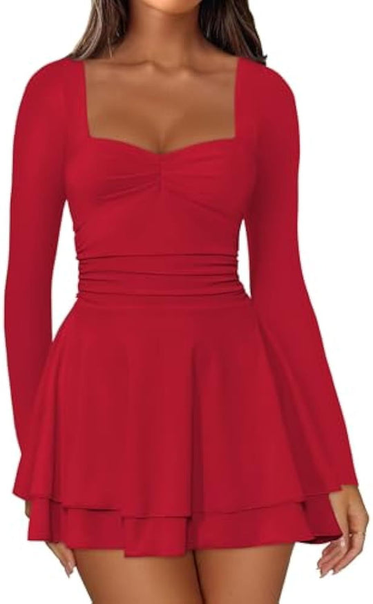 Damen Langarm-Minikleid mit quadratischem Ausschnitt, taillierter Raffung und zweilagigem Volantrock EB
