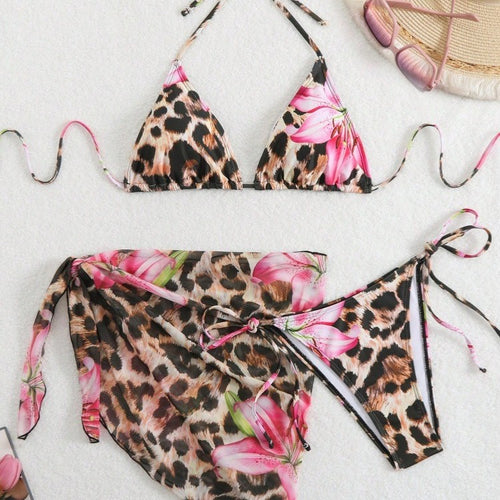 Damen Bikini-Set mit elegantem Leopardenmuster und verspielten Blumendetails EB
