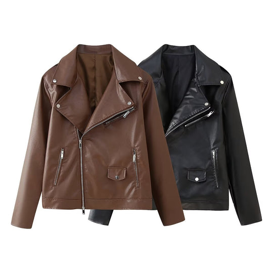 Damen Kunstleder Bikerjacke mit asymmetrischem Reißverschluss und dekorativen Zipperdetails EB