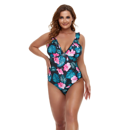 Damen Einteiler Badeanzug mit floralem Design und tiefem V-Ausschnitt EB