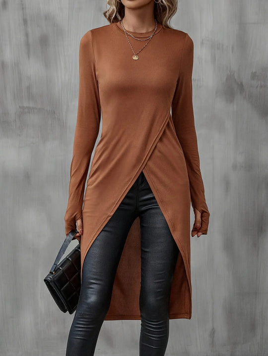 Damen Langes asymmetrisches Wickel-Tunika-Top mit Frontschlitz EB