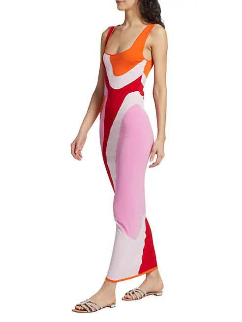 Damen langes figurbetontes Kleid mit quadratischem Ausschnitt und farbenfrohem Muster EB