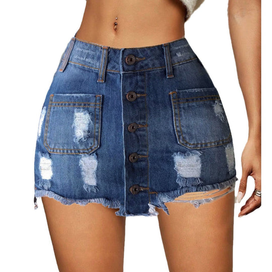 Damen Jeansrock im Knopfdruck-Design mit Fransen EB