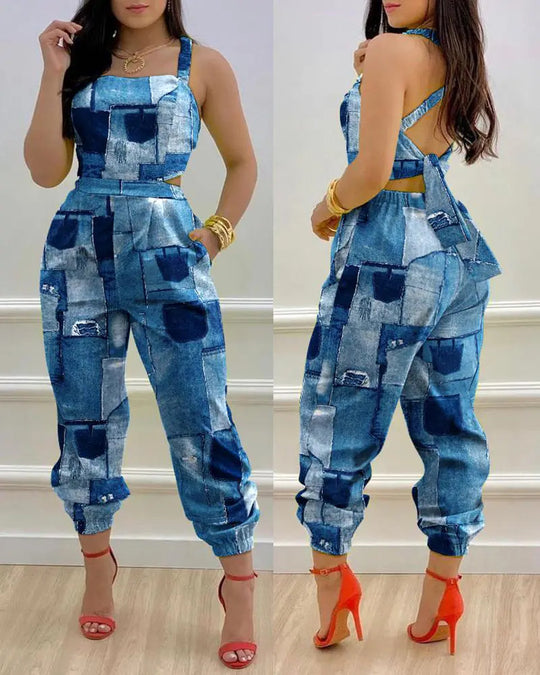 Damen Jumpsuit mit einzigartigem Denim-Print und tailliertem Schnitt EB