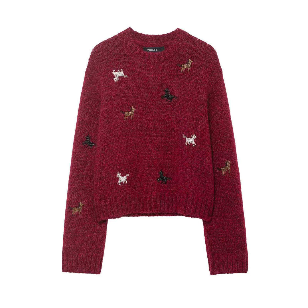 Damen nan kurzgeschnittener Grobstrick-Pullover mit Hundemotiv, Rundhalsausschnitt und elastischem Rippbund EB