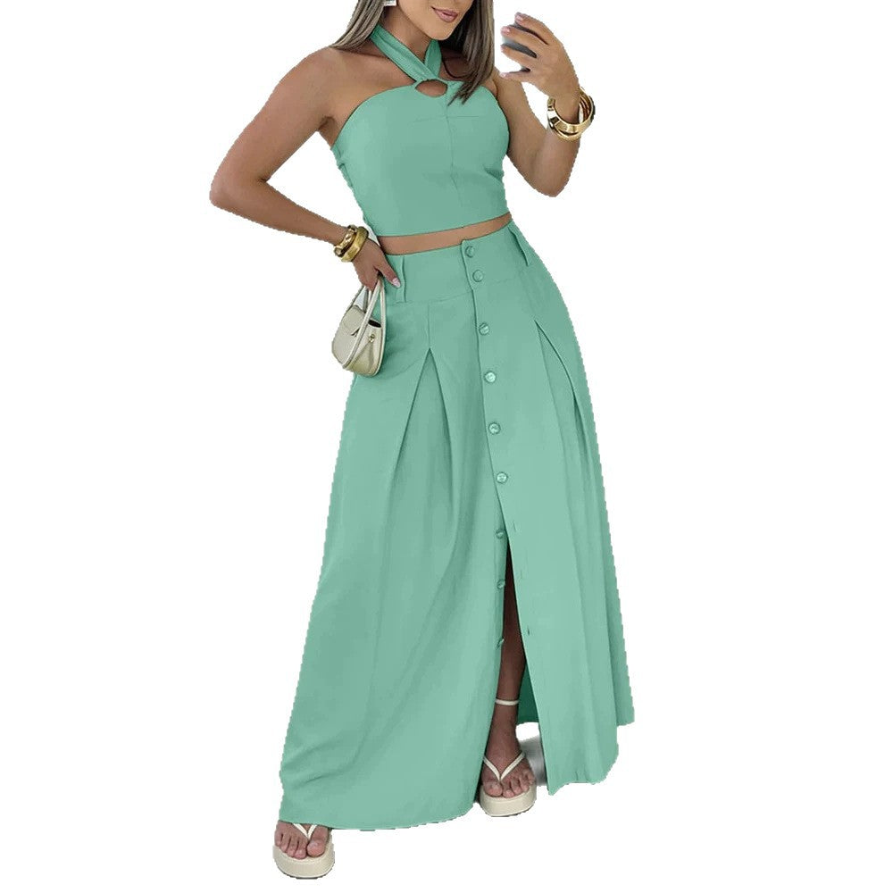 Damen elegantes Crop-Top und Maxirock-Set mit Knopfleiste und Schlitz EB