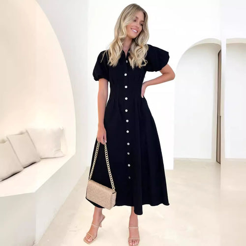 Damen Knielanges Hemdkleid mit Puffärmeln und Knopfverschluss EB