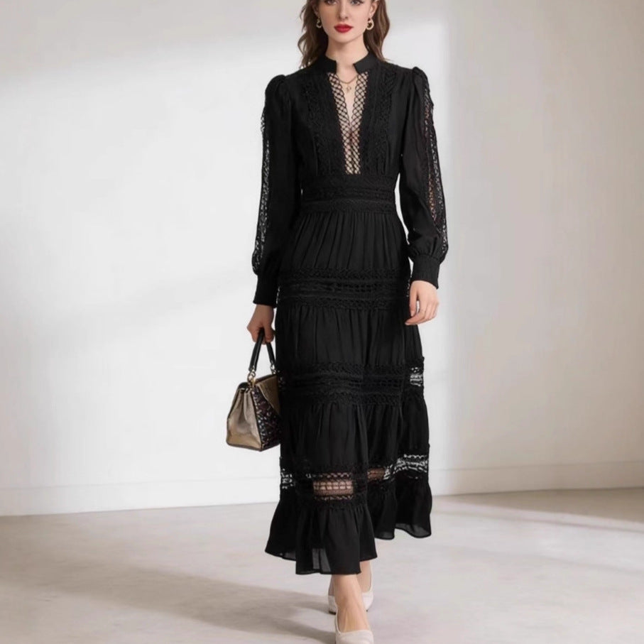 Damen romantisches Maxikleid mit transparenten Einsätzen und Rüschendetails EB