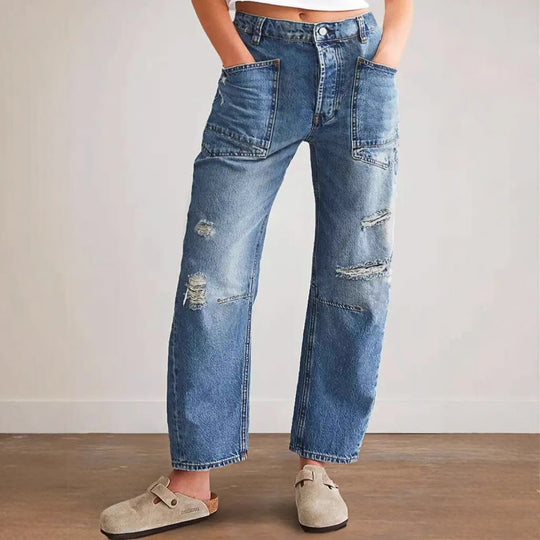 Damen Trendige Vintage Jeans im lässigen Boyfriend-Schnitt mit auffälligen Taschen EB