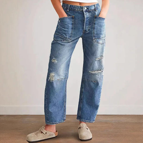 Damen Trendige Vintage Jeans im lässigen Boyfriend-Schnitt mit auffälligen Taschen EB