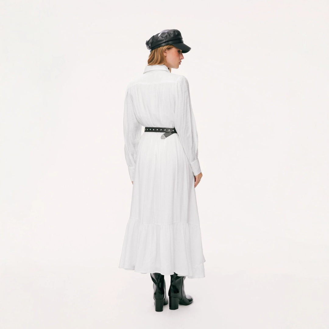 Damen Langes Hemdblusenkleid mit Spitzenbesatz, Taillierung und Stufenrock EB