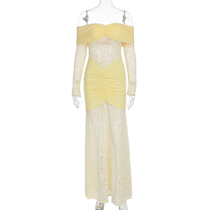 Damen Elegantes Spitzen-Maxikleid mit elegantem Off-Shoulder Design und Raffungen EB