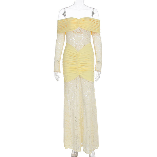 Damen Elegantes Spitzen-Maxikleid mit elegantem Off-Shoulder Design und Raffungen EB